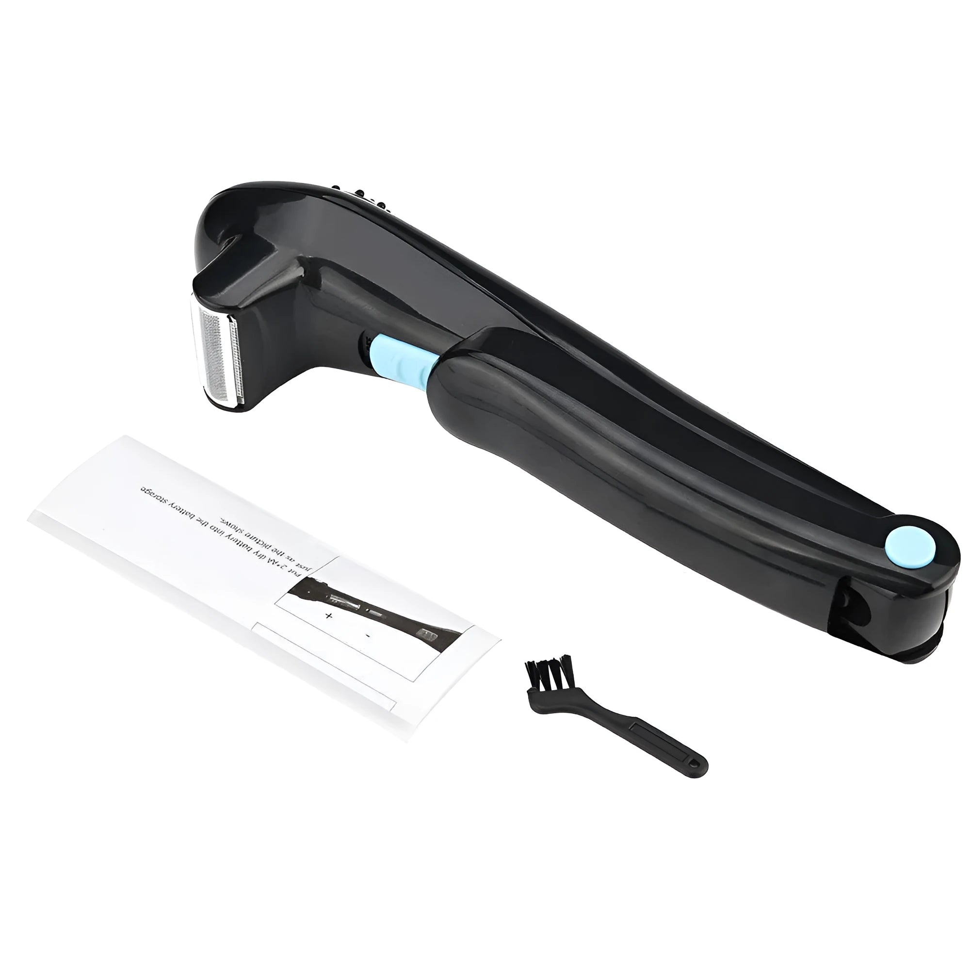 Black folding body electric shaver shown in open and closed positions