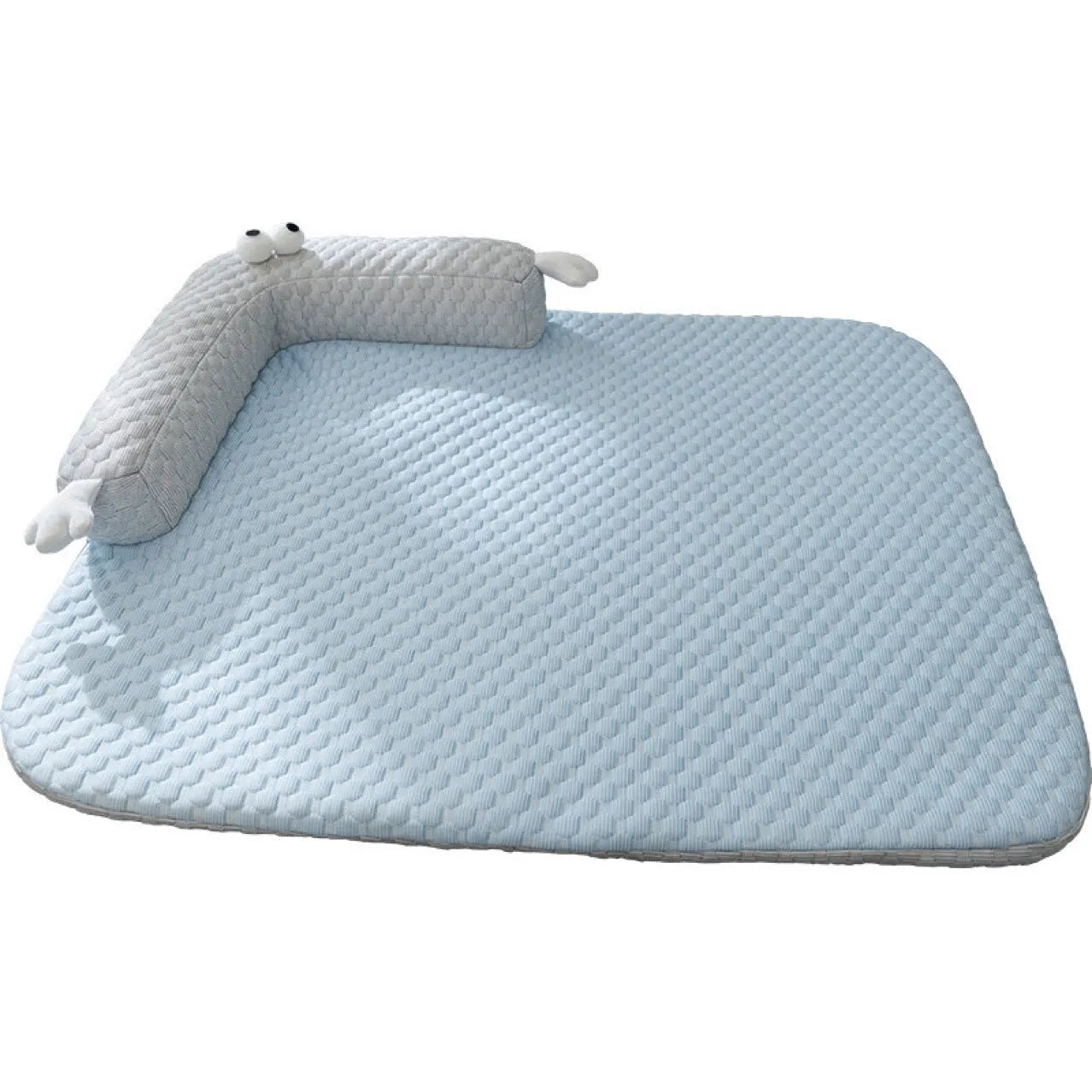 Blue pet cooling mat with big-eyed monster design on a wooden floor, shown in large (L) size.
