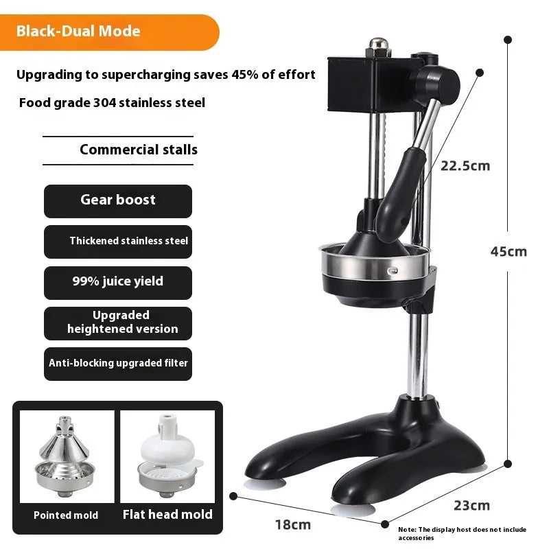 Vertical stainless steel manual juicer with zinc alloy base in choice of colours with pointed, flat or double head options