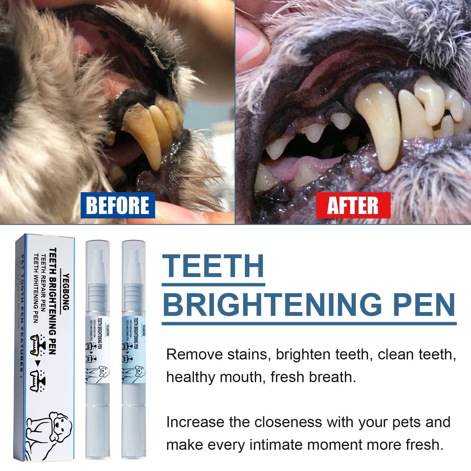 Two white pet tooth whitening pens with brush applicators for dog and cat dental care.