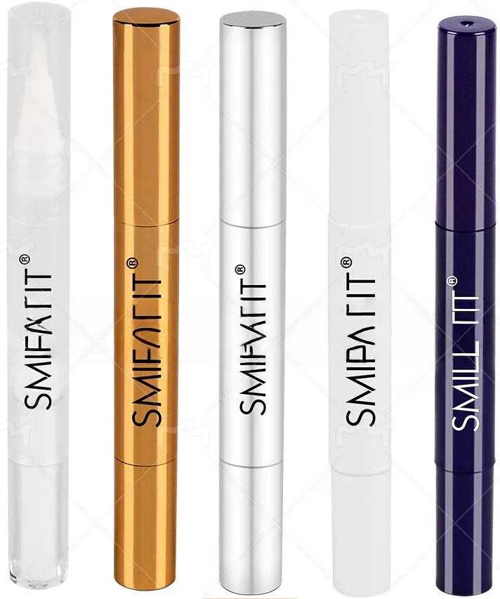 Teeth whitening pen with toothbrush cleaner in gold aluminium case and plastic white options