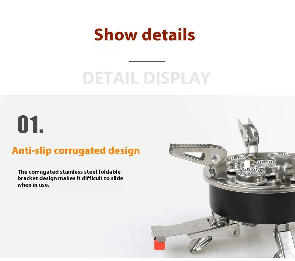Silver portable folding camping gas stove made of stainless steel and copper with a long black hose.