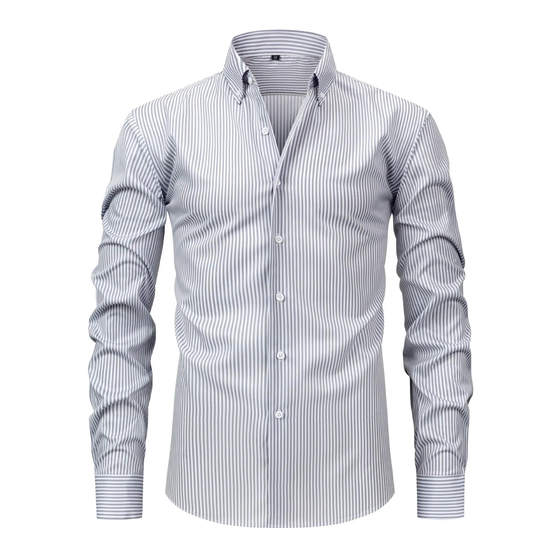 A man wearing a striped long-sleeved business casual shirt with a lapel collar.