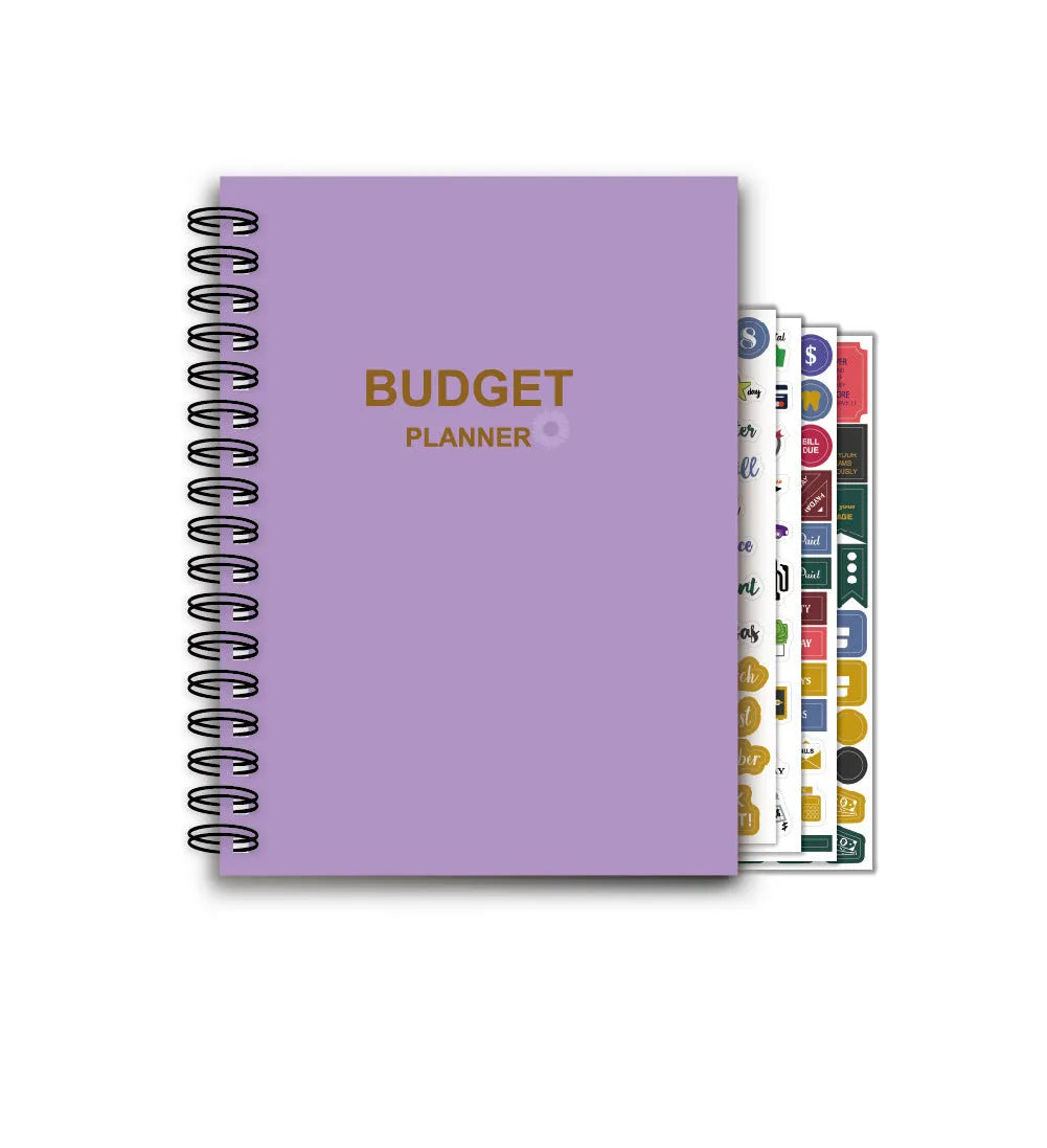 J12 purple coil-bound financial planning notebook with budget stickers and paper clips