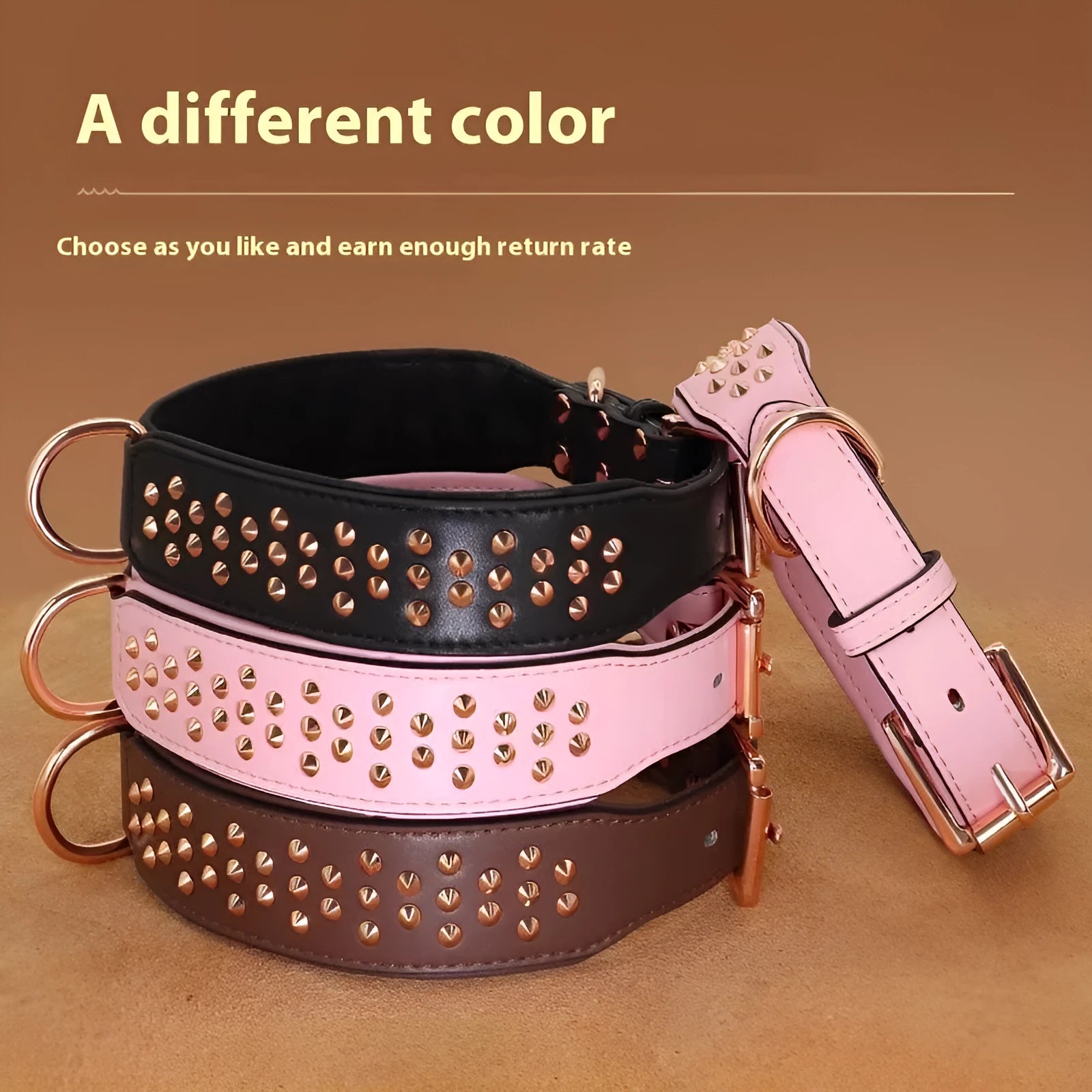 Leather dog collar with metal rivets in black, chocolate, or pink colour, shown in L and XL sizes.