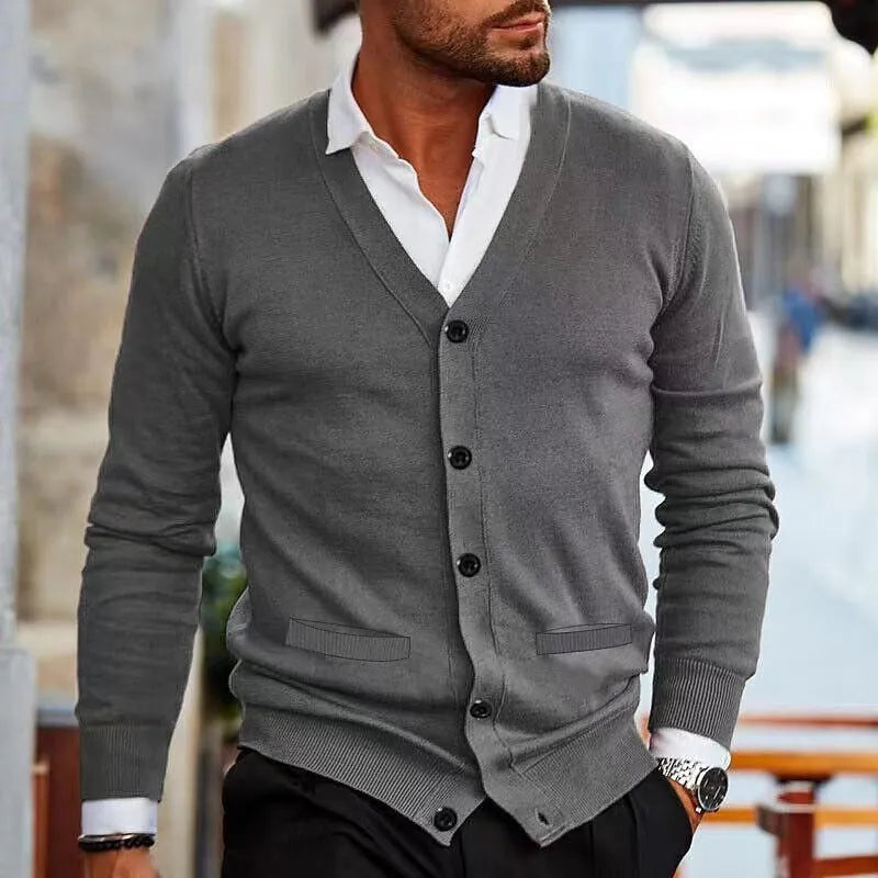 Men's slim fit acrylic cardigan sweater in dark grey, shown as a casual autumn winter layer.