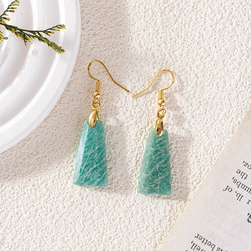 Amazonite rough stone geometric trapezoid earrings with octagon and quadrangle design in gold or silver finish