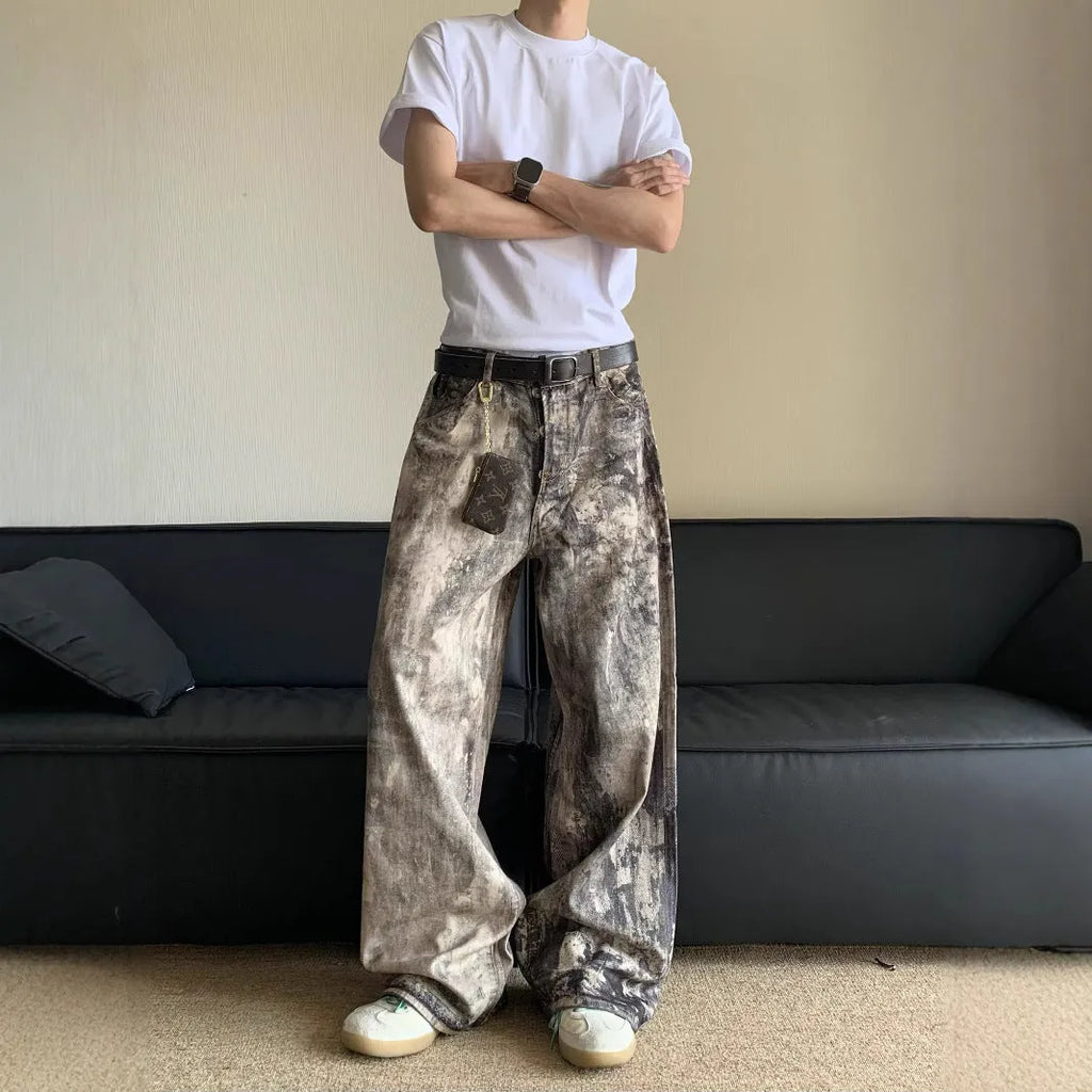 Men's yellow digital camouflage printed denim trousers straight leg casual cotton