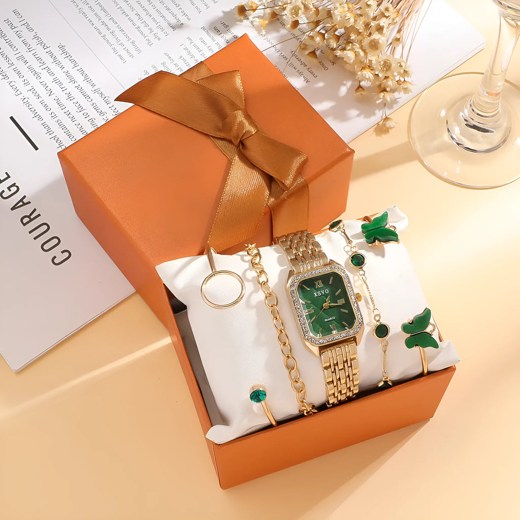 Gold green square watch and four matching bracelets jewellery set for women