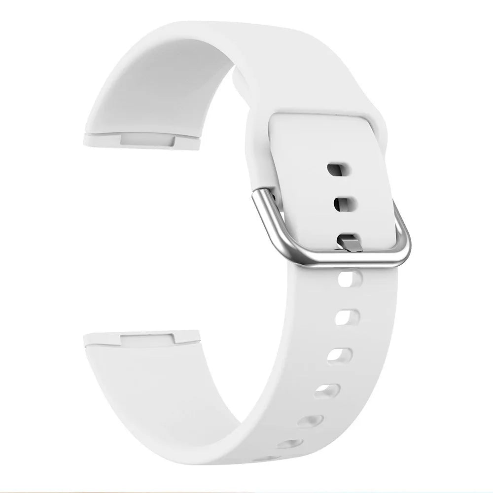 Silicone replacement strap with silver buckle for Fitbit Versa 3 and Sense 2 in multiple solid colour options.