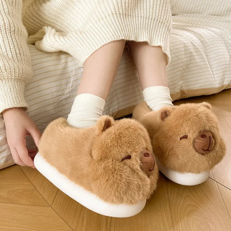 Light brown women's winter plush slippers with artificial wool lining in UK sizes 36-41