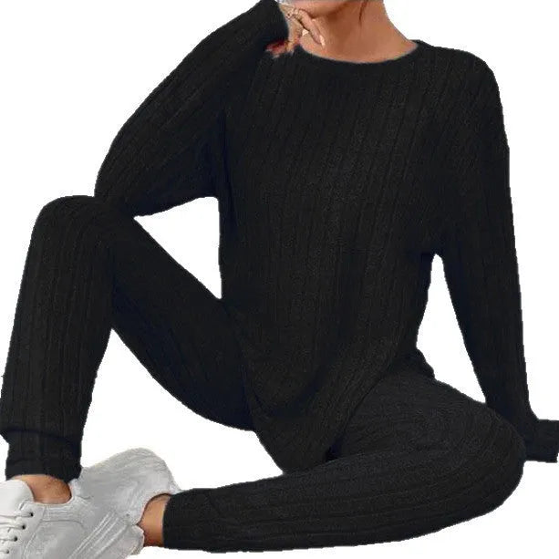 Women's black sunken stripe two-piece casual homewear set with regular sleeves