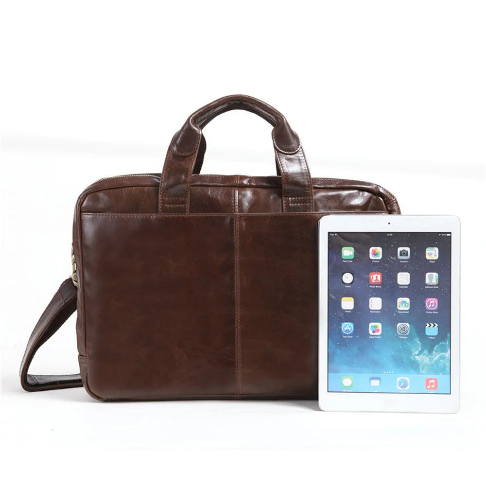Brown men's business briefcase made from first layer cowhide leather with 18-inch laptop capacity