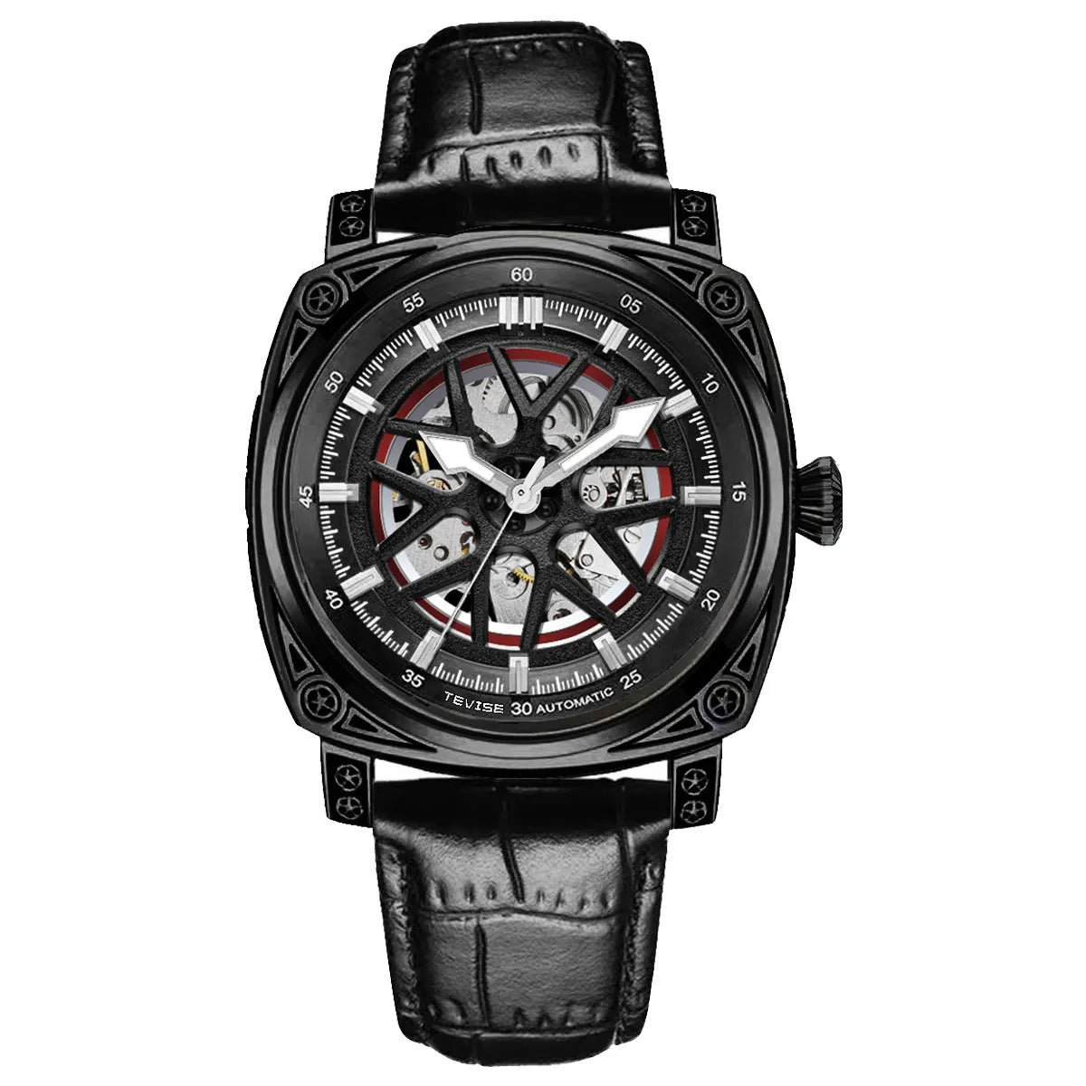 Stainless steel automatic mechanical men's watch with leather strap in blue, black, rose white, or white with black belt options
