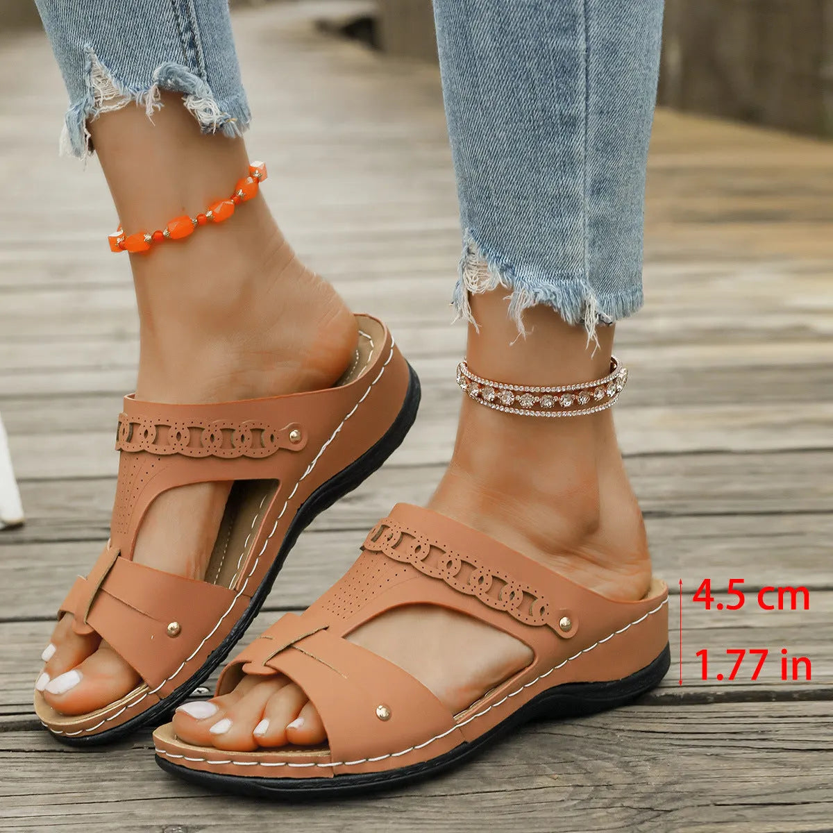 Roman style slippers showing heel slope design and fish mouth toe in beige colour on rubber sole