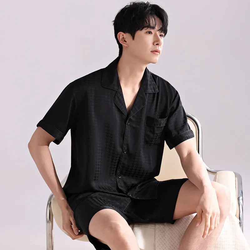 Men's ice silk cardigan and shorts pyjama set with satin jacquard pattern options