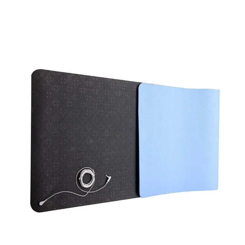 Blue conductive yoga mat with plants pattern and grounding wire, dimensions 182x61cm.