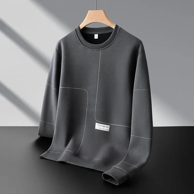 Men's loose round neck cotton stripe pullover sweatshirt with 3D patch pocket, in black, front view