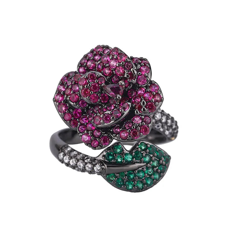 Black gold colour women's ring with geometric flower design and simulation red corundum stone