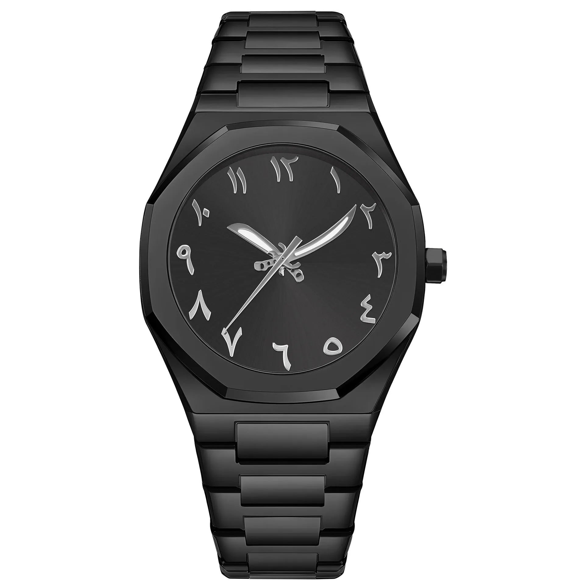 Men's stainless steel business casual quartz watch on wrist, showing 10mm thickness and black silver scale dial.