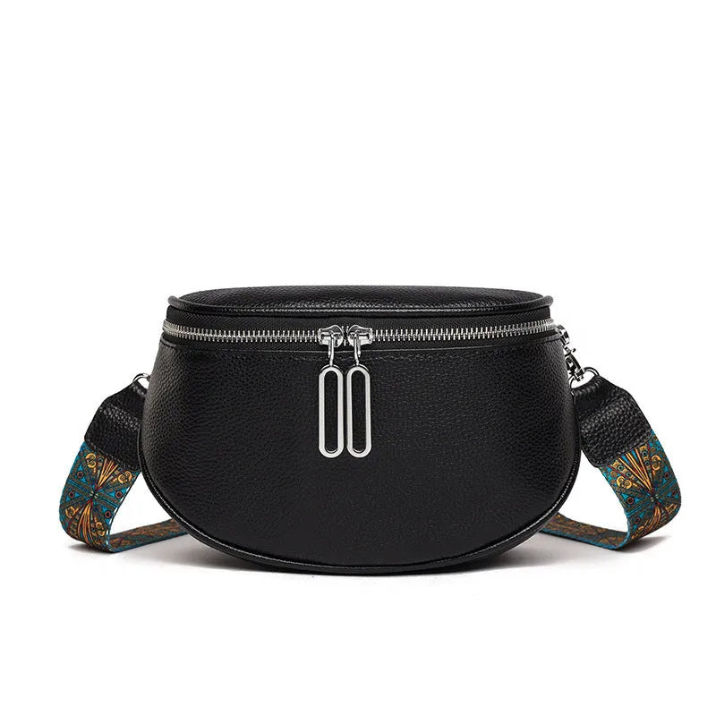 Women's soft PU leather messenger bag with saddle shape and crossbody strap in black, white or green colour options