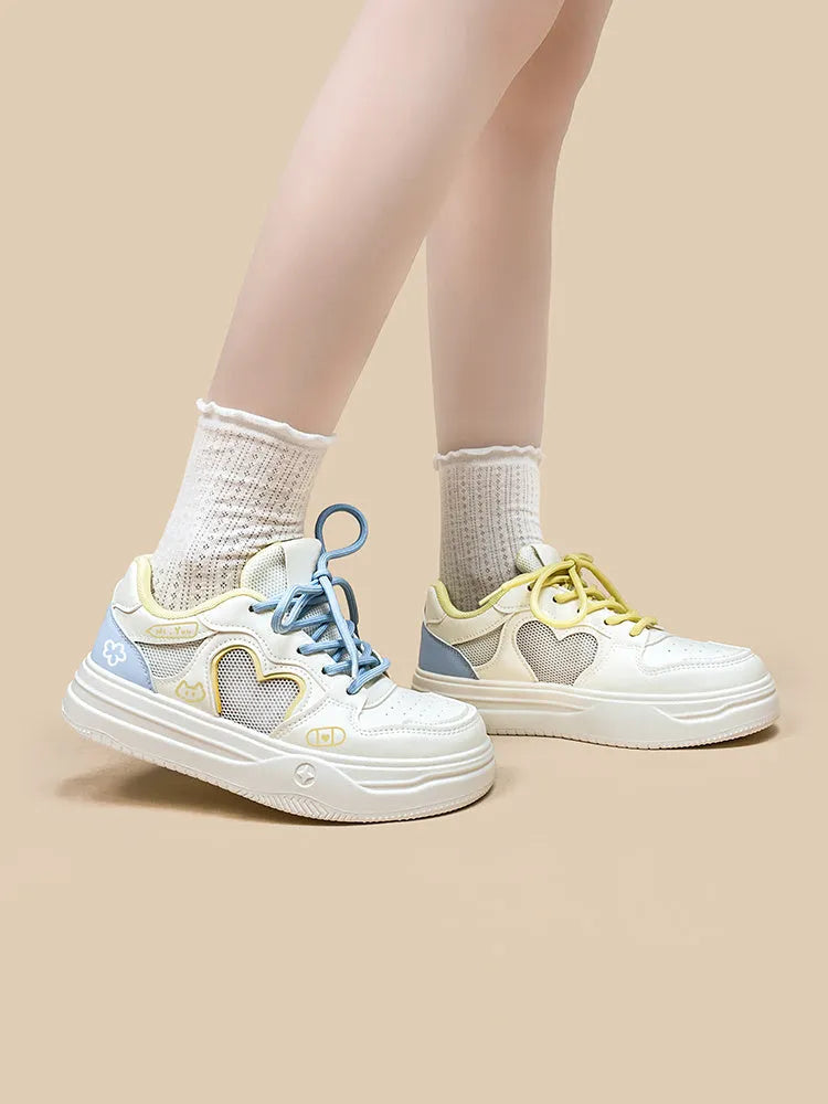 Meow Rabbit Sea Salt Cheese coloured mesh sneakers with lace-up front and rubber sole.