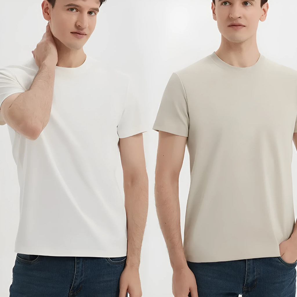 Men's beige short-sleeve antibacterial quick-dry T-shirt laid flat.