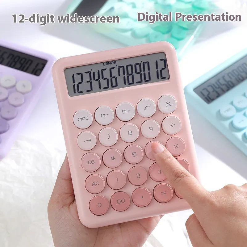 Dopamine gradient colour desk calculator in violet, cherry blossom powder, glacier blue, and mint green variants.