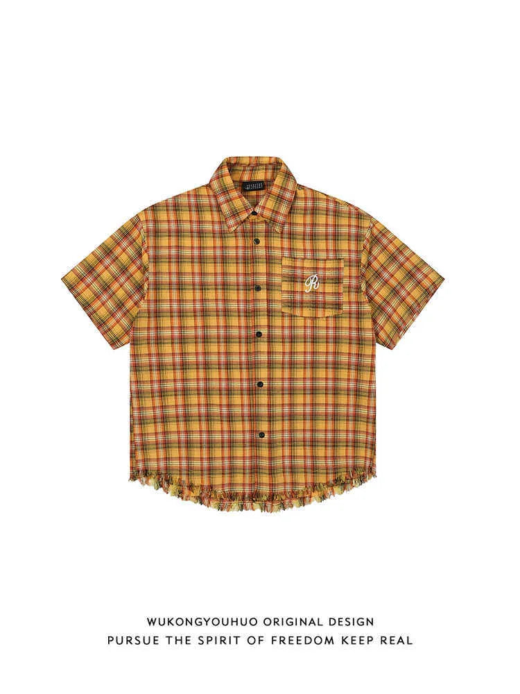 Yellow plaid short sleeve shirt with embroidery pocket detail on front