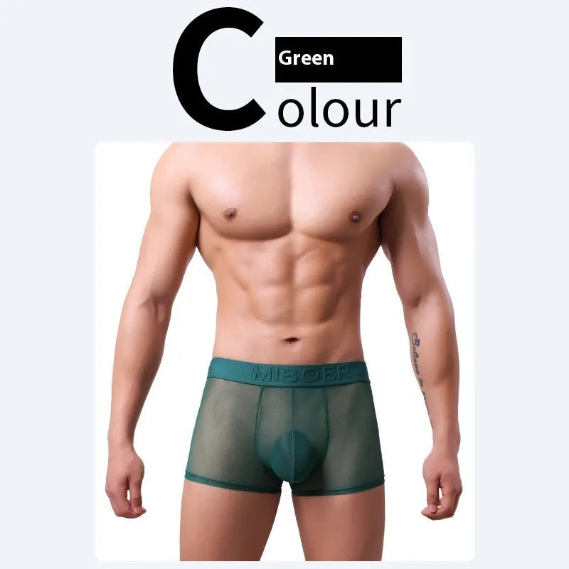 Men's thin polyester boxer shorts in six solid colours on a white background.
