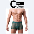 Men's thin polyester boxer shorts in six solid colours on a white background.