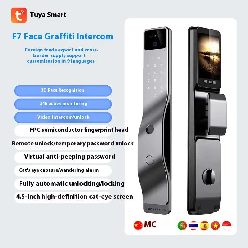F7 face intercom smart door lock with face recognition, fingerprint, and password entry in aluminum alloy housing