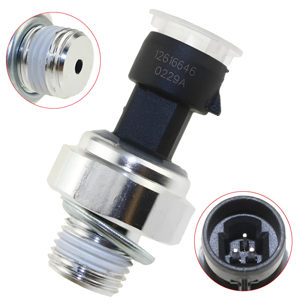 Buick Chevrolet oil pressure sensor showing electrical connector and threaded body.