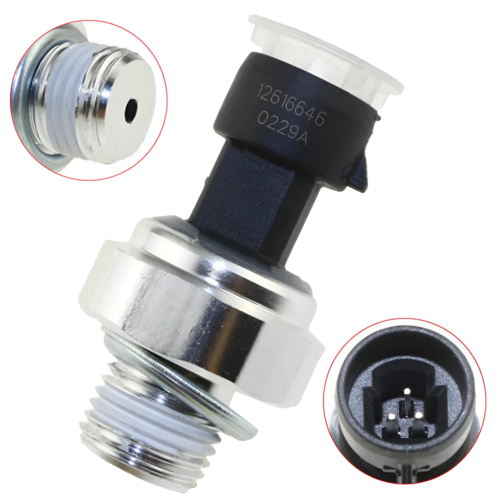 Buick Chevrolet oil pressure sensor showing electrical connector and threaded body.