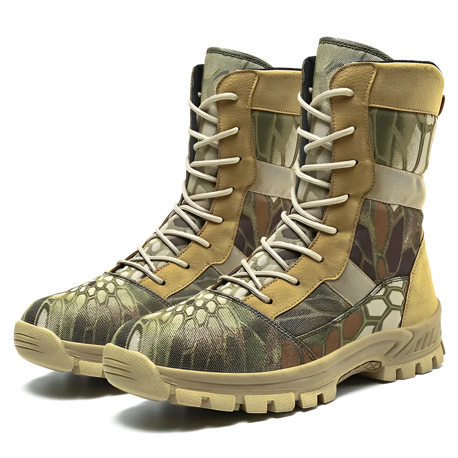 Men's black high-top Martin combat boots with mesh upper and totem design details