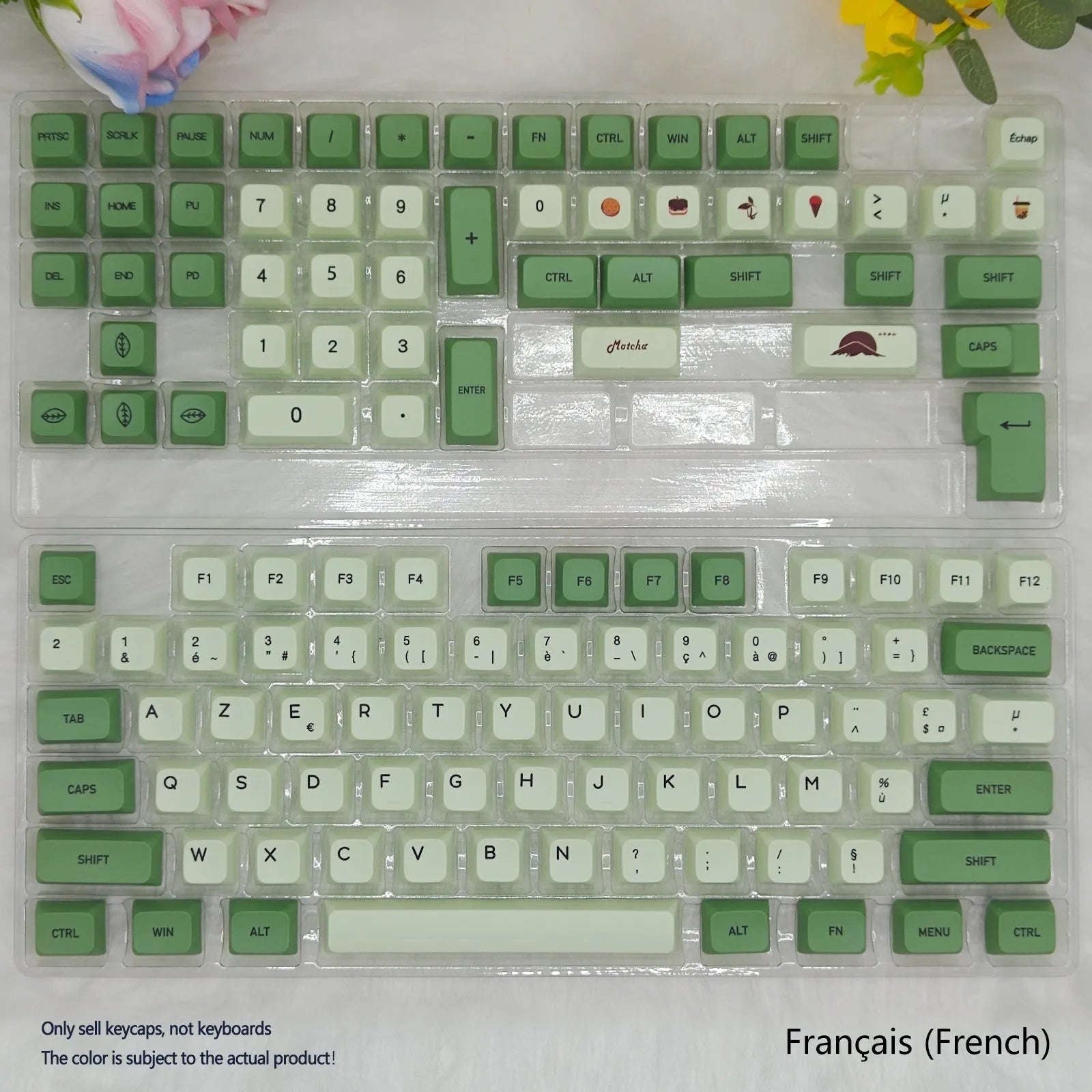 124 Key Matcha green and beige PBT keycap set for mechanical keyboards, showing multiple language layout options.