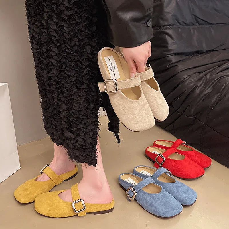 Women's flat closed toe half slippers with square toe in apricot, blue, red, and yellow colours.
