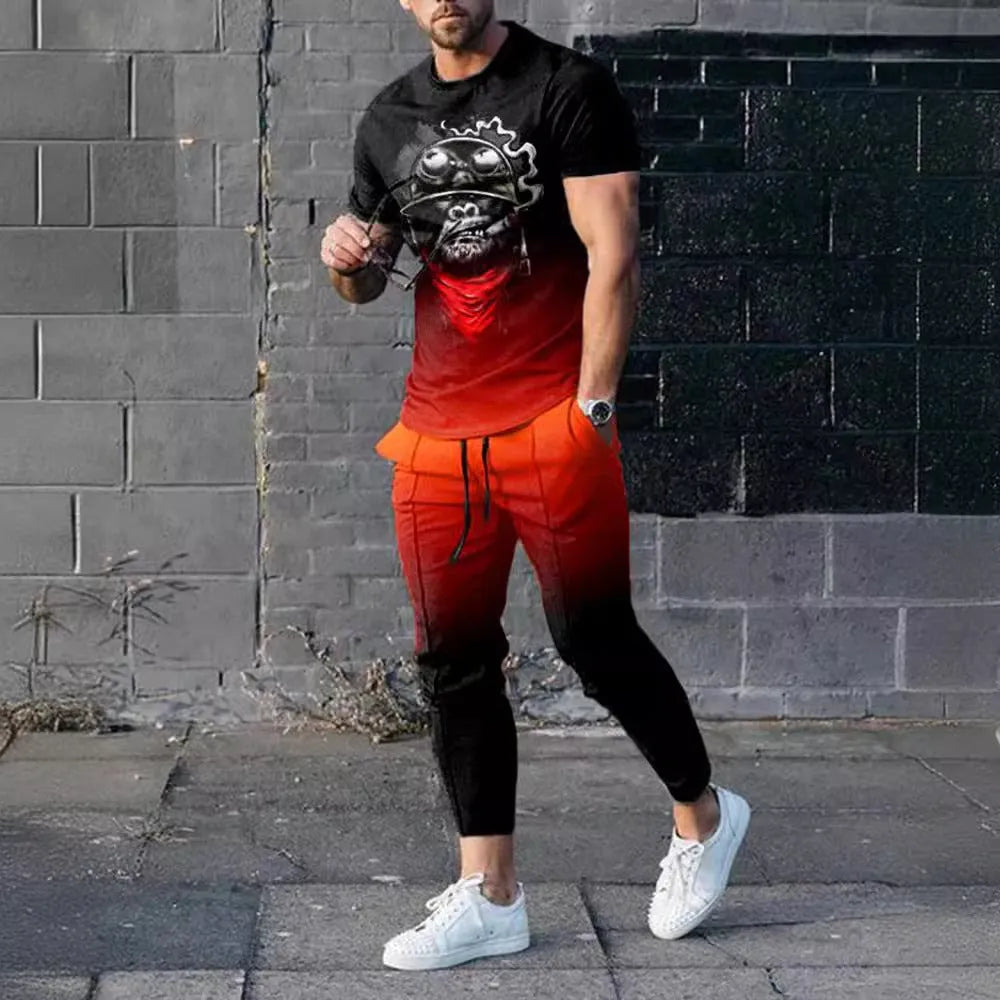 Men's short-sleeved printed pullover and matching trousers set on a neutral background