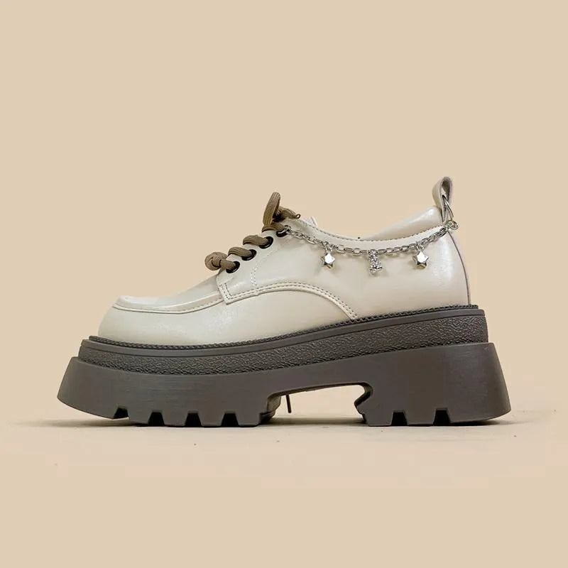 White women's platform leather shoes with chunky heel and lace-up front