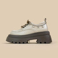 White women's platform leather shoes with chunky heel and lace-up front