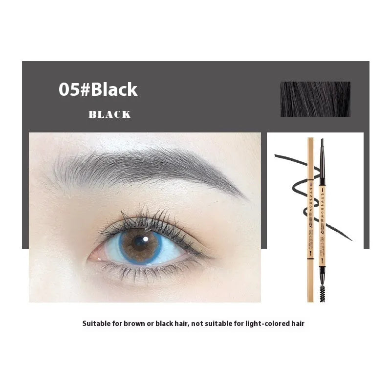 Gold ultra-fine eyebrow pencil shown in five shades: light brown, kaki brown, dark brown, grey black, and black