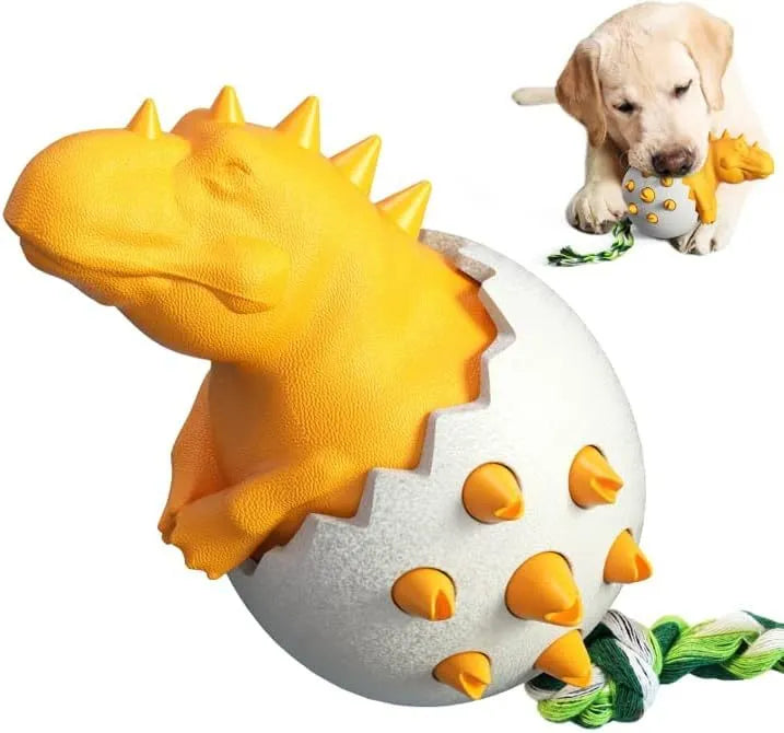 Blue dinosaur-shaped rubber dog chew toy with rope and textured cleaning nubs for aggressive chewers.