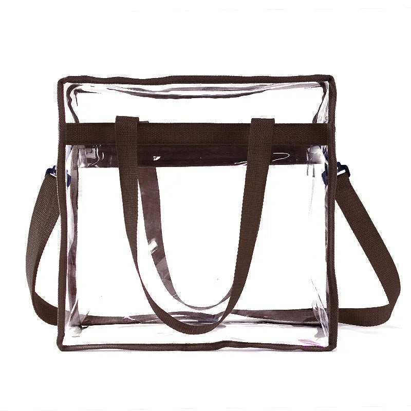 Women's transparent PVC messenger bag with crossbody strap and three-dimensional front pocket.