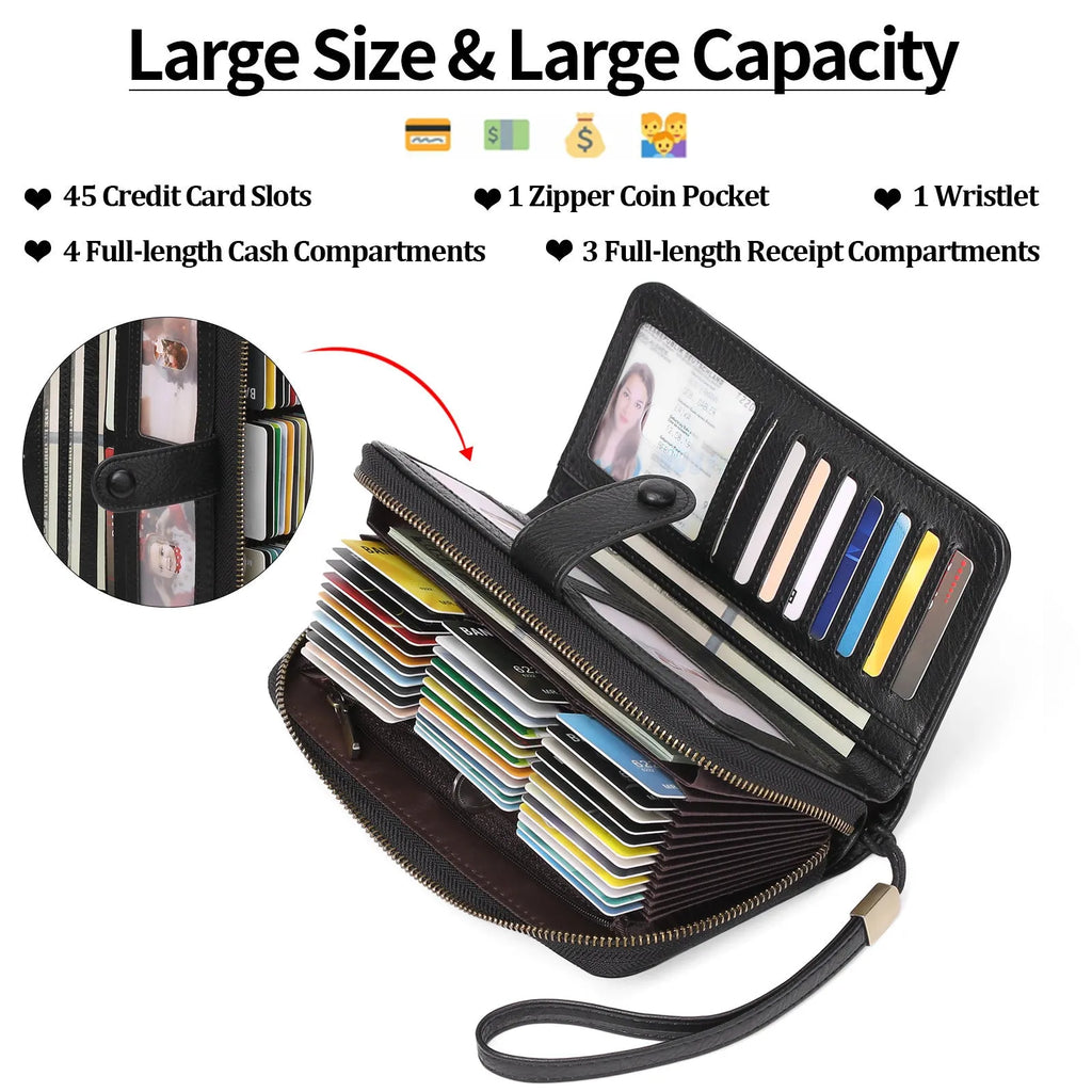 Women's expanding long wallet in denim blue showing card slots and passport pocket with anti-theft swiping feature