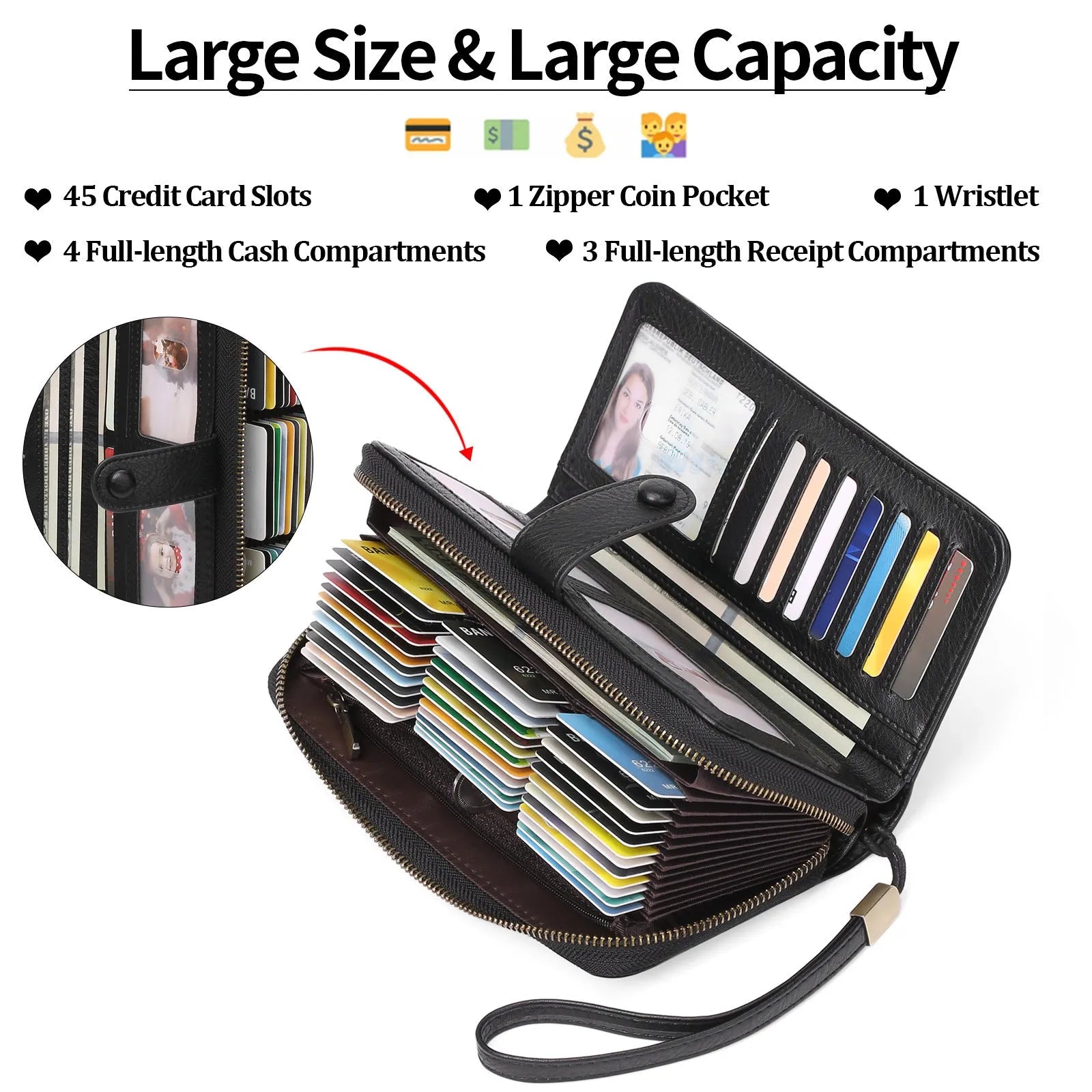 Women's expanding long wallet in denim blue showing card slots and passport pocket with anti-theft swiping feature