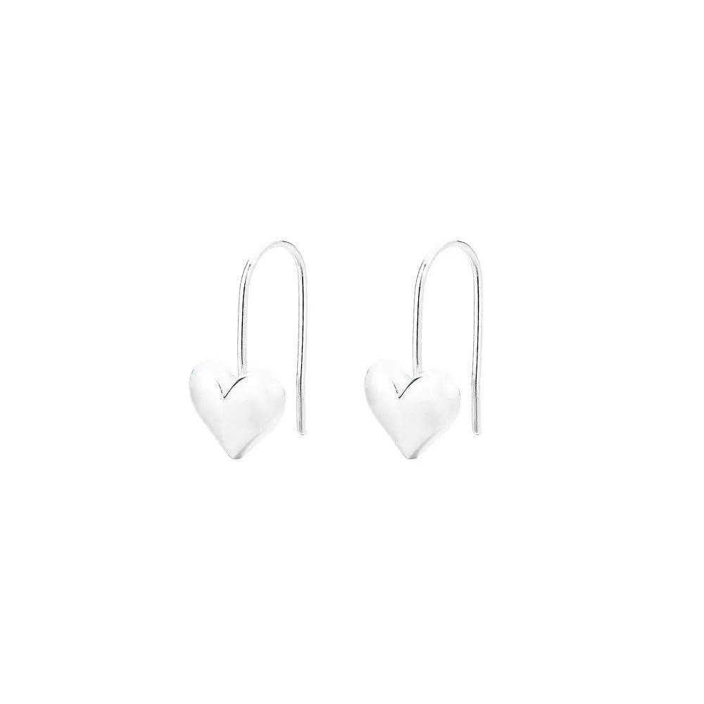 Silver heart earrings with glossy three-dimensional design and Korean style ear hooks