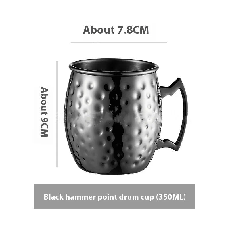 Copper plated stainless steel Moscow Mule mug in hammered and smooth styles, shown in silver, gold, rose gold, and black.