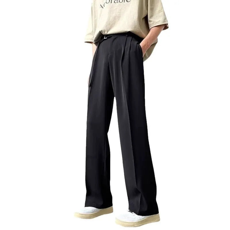 Black wide leg trousers with straight leg opening and loose fit casual style