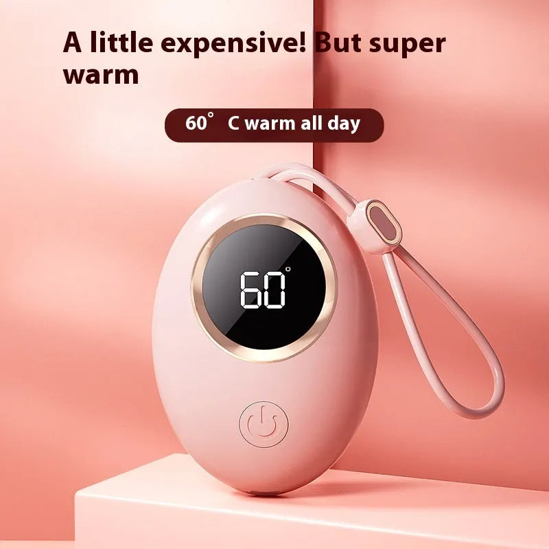 USB-powered hand warmer and power bank unit with a digital display in various colours.