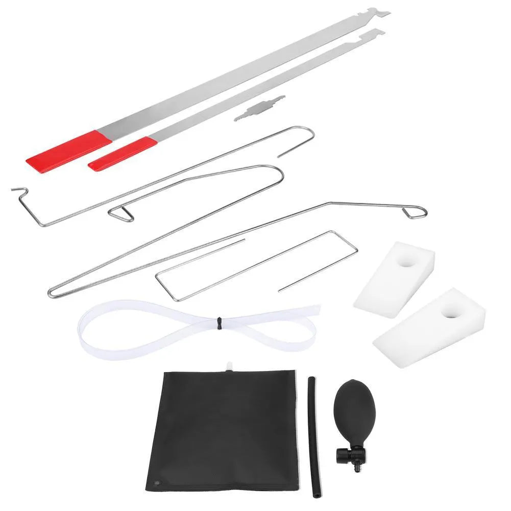 9-piece automotive maintenance kit with air pump wedge, hooks, plastic wedges, and pry bars